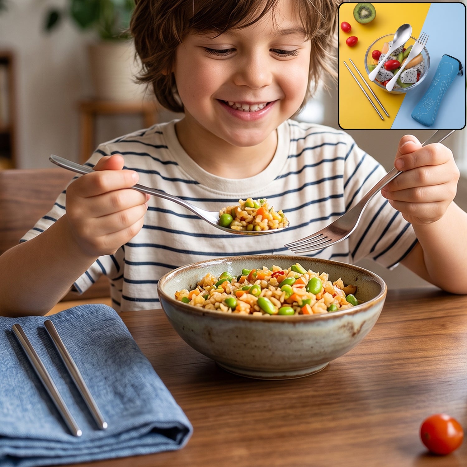 Durable portable cutlery set with storage pouch
