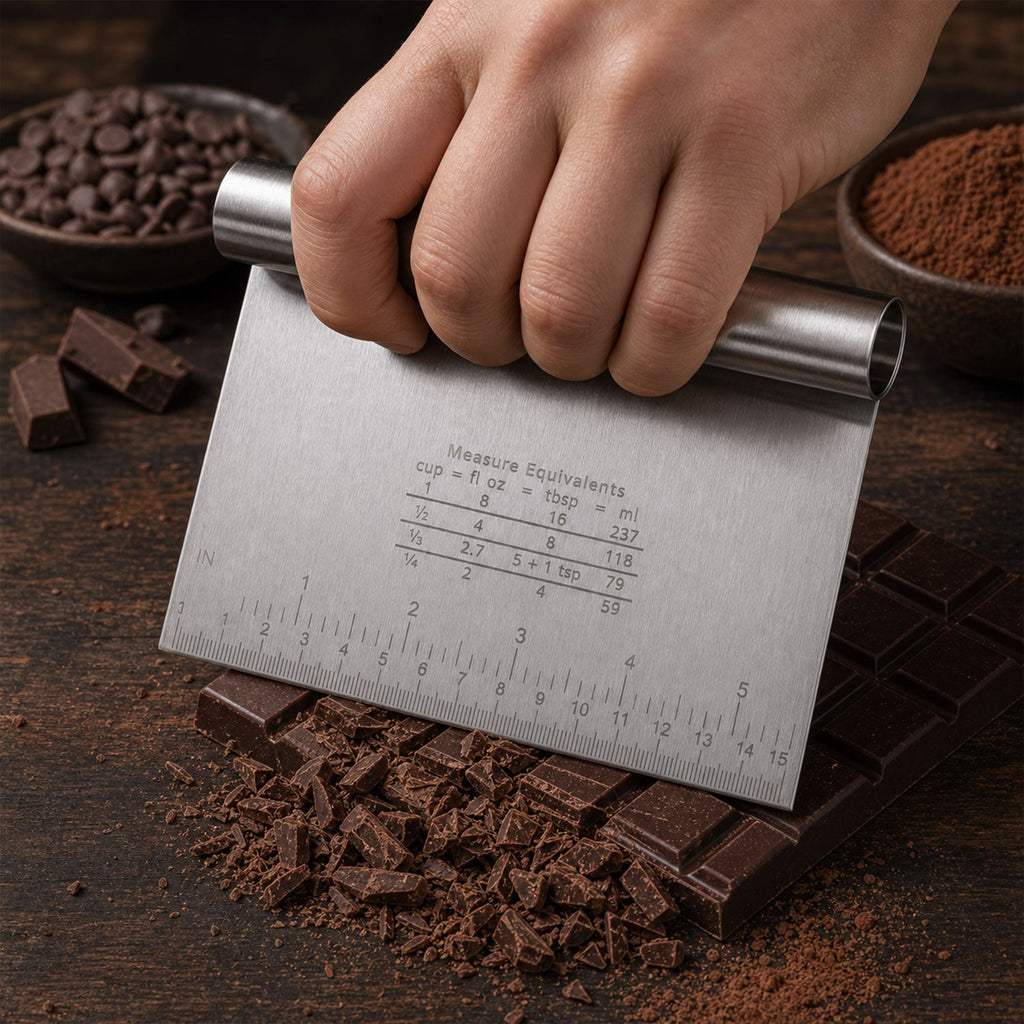Metal pastry scraper with scale for measuring and cutting