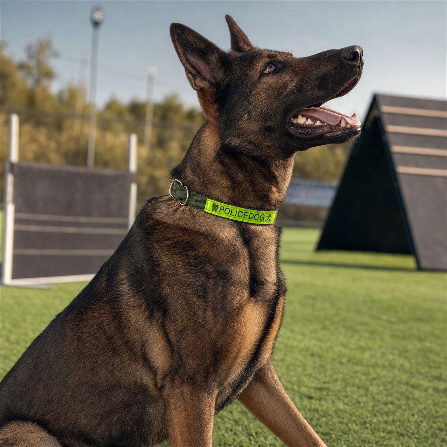 Detailed view of the metal buckle and D-ring on the nylon dog collar.