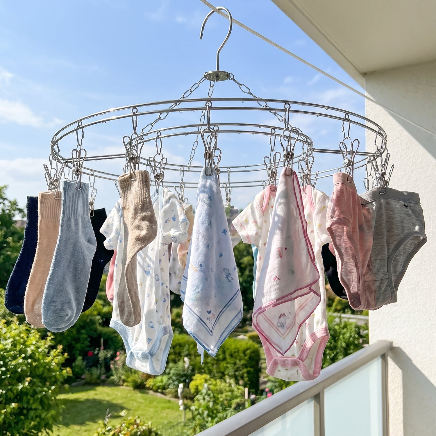 Durable stainless steel sock hanger with rotating clips