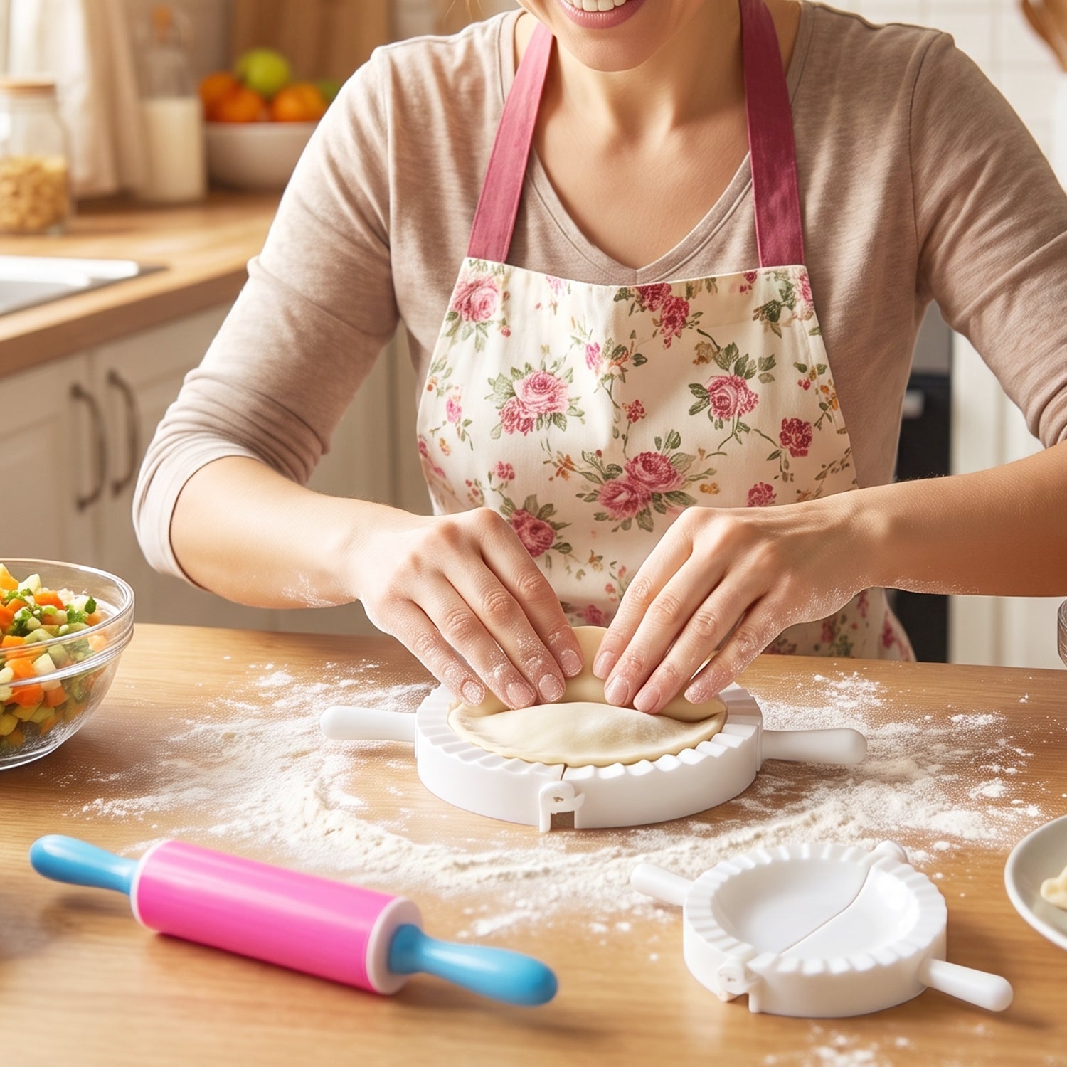 Plastic dumpling press with mini rolling pin for easy folding