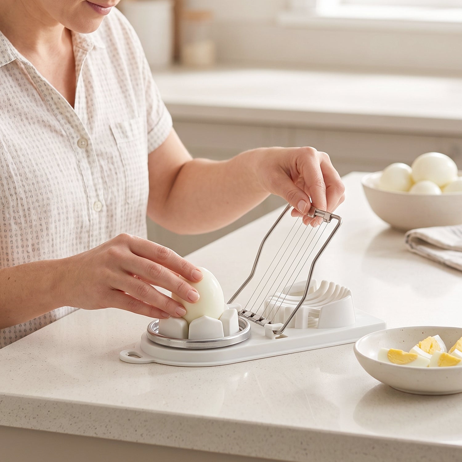 Egg cutter that both slices and quarters hard boiled eggs