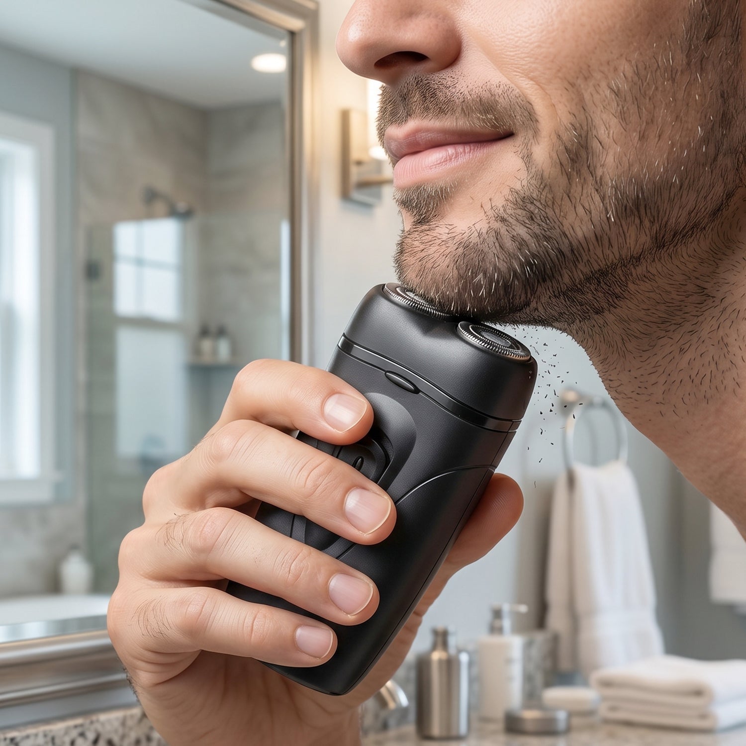 Easy-to-use men's electric shaver in sleek black color with rotary heads