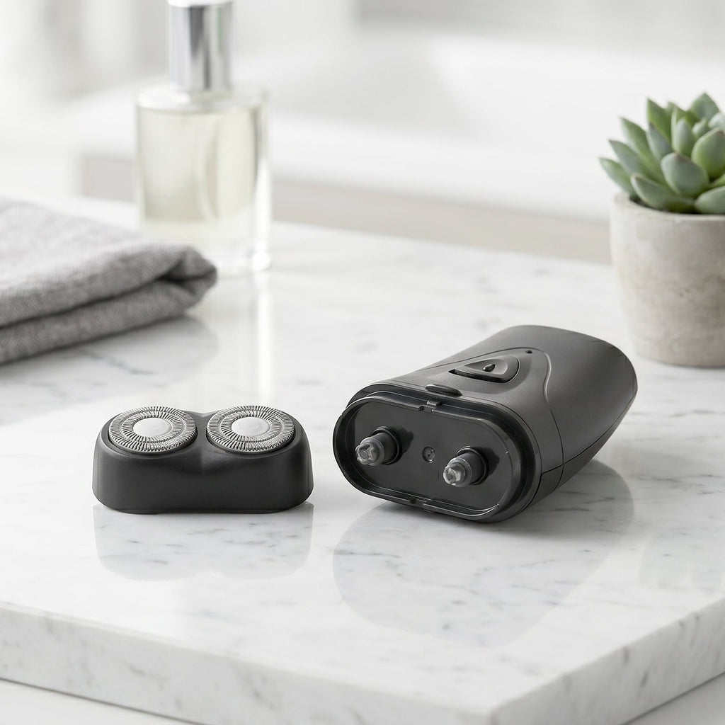 Portable electric shaver in hand showing compact size and sleek design