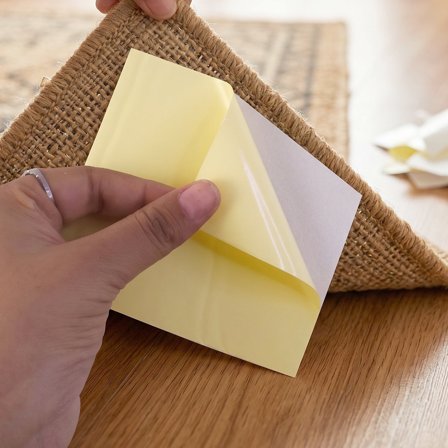 Application of anti-slip adhesive pads on corner of mat.