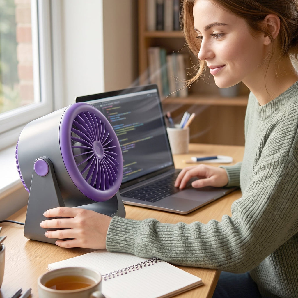 Personal cooling fan with USB cord for workspace comfort