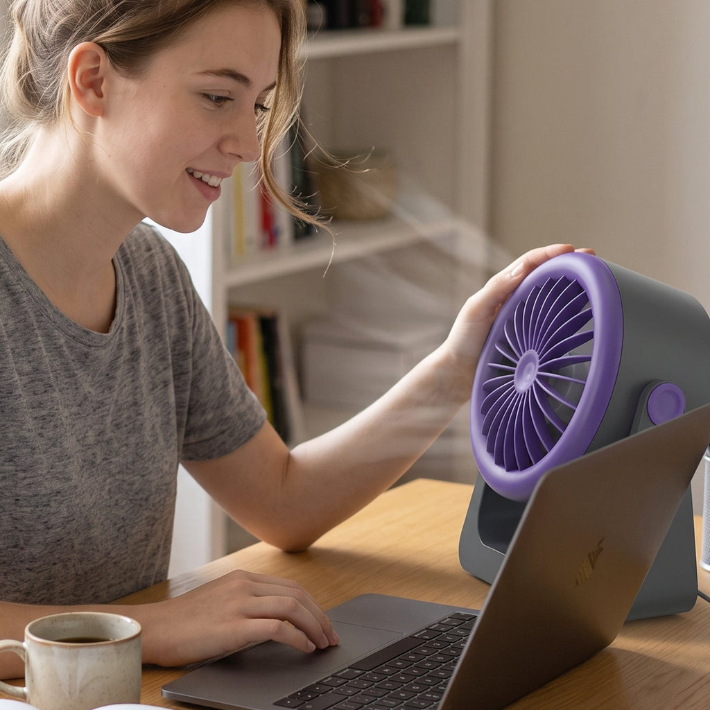 Compact USB powered fan for desk, bedside and travel