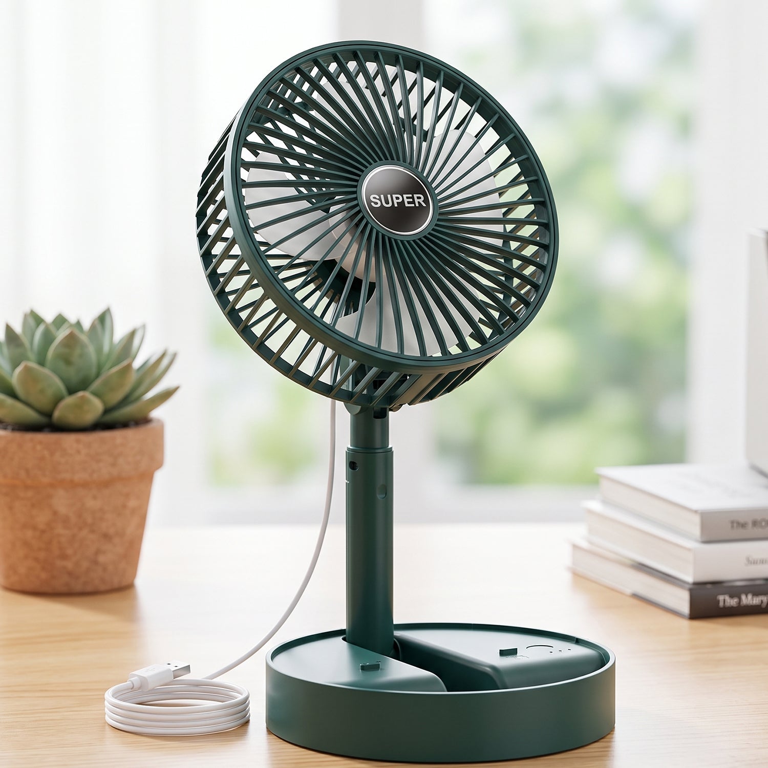 Height adjustable desk fan with strong airflow