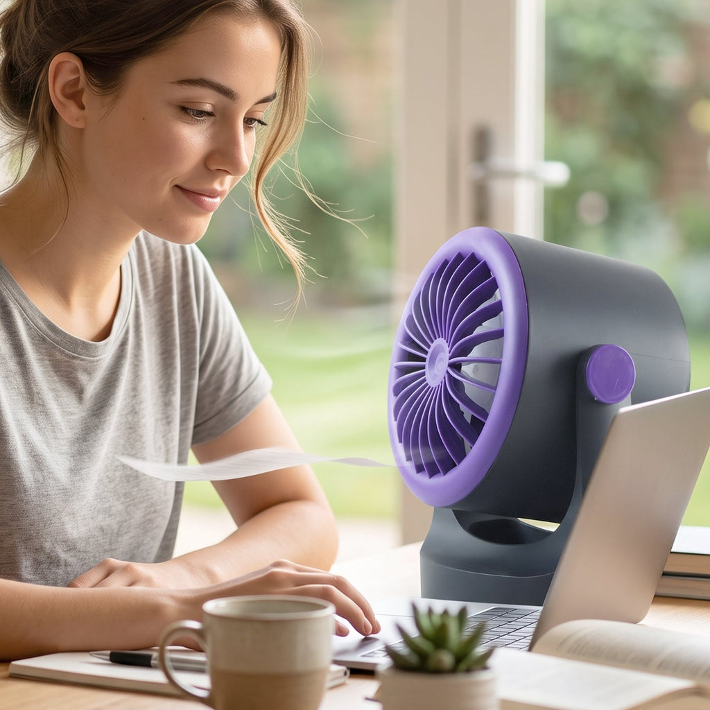 Portable desk fan with hook for hanging in tents and rooms