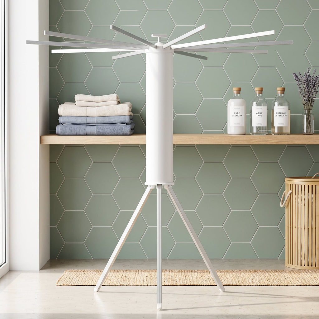 Collapsible tripod drying rack for shirts, towels and linens