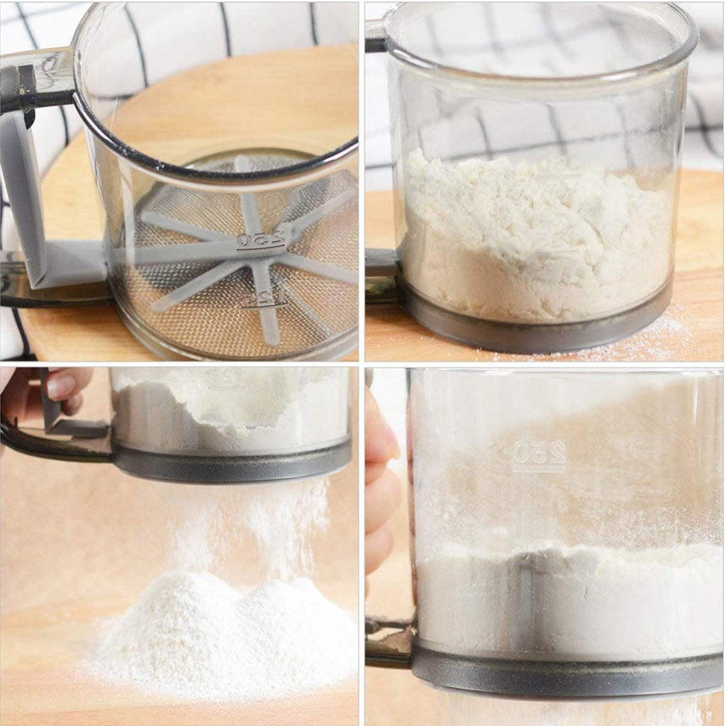Kitchen flour filter cup with clear plastic body and mesh