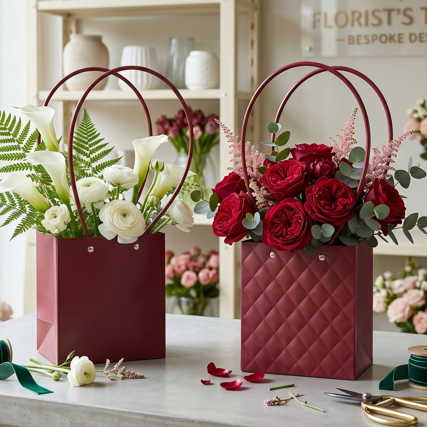 Foldable flower packaging bag with handle in maroon color