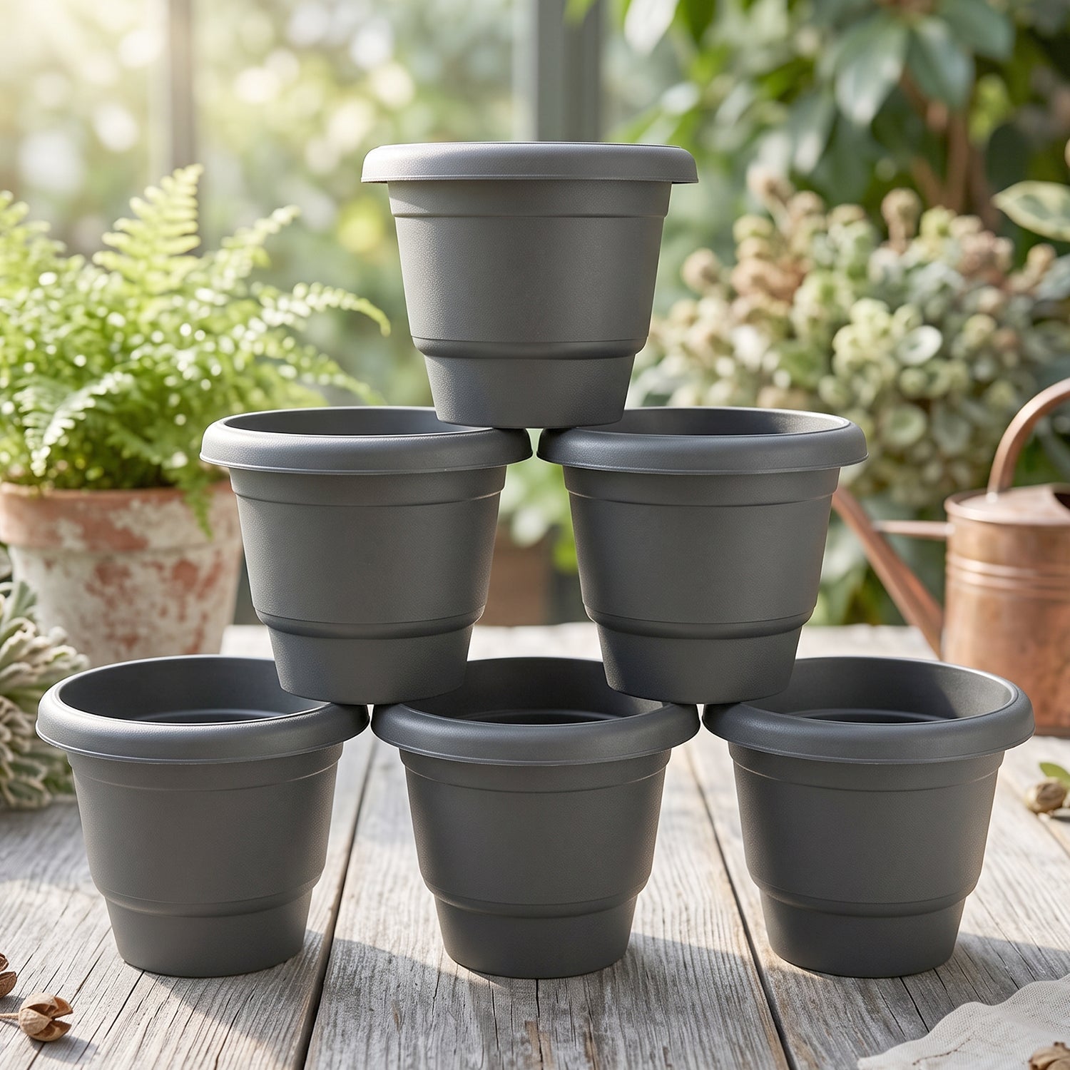 Durable gardening planters with rim for indoor and outdoor plants