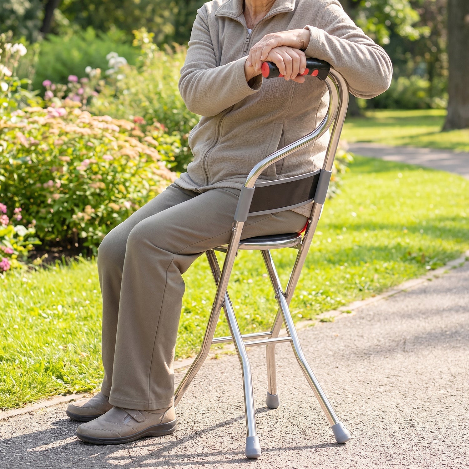 Foldable cane chair with backrest for elderly support and rest