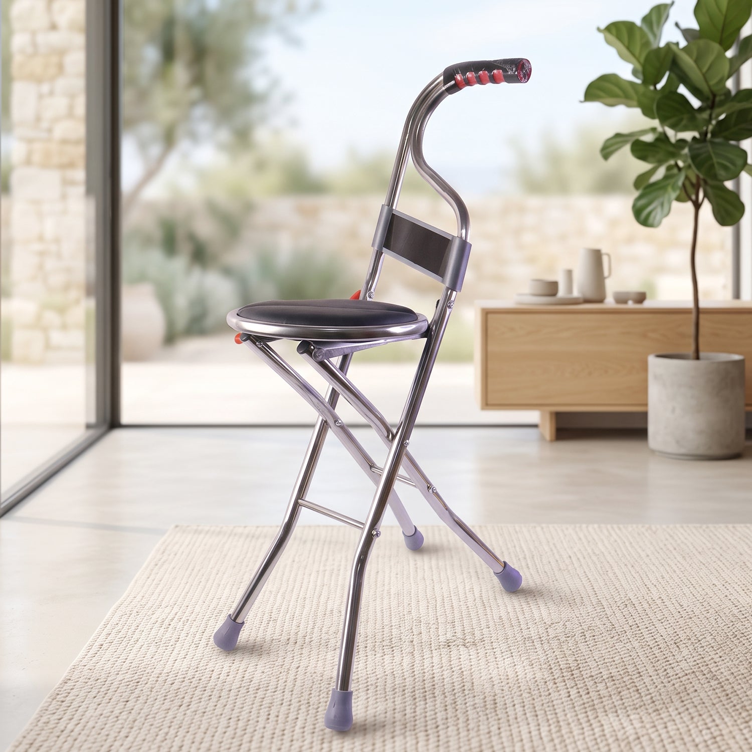 Cane with seat, backrest and four leg stand for extra support