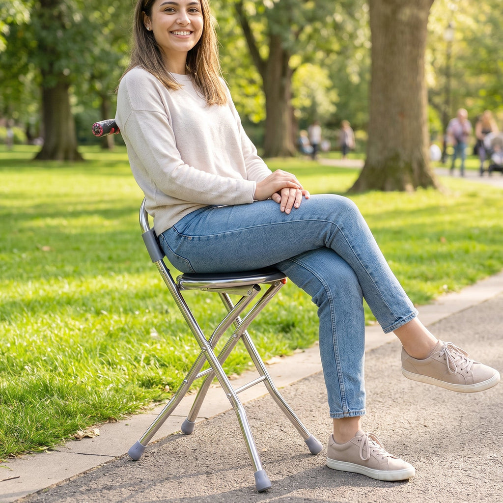 Walking stick stool with backrest and four leg base for stability