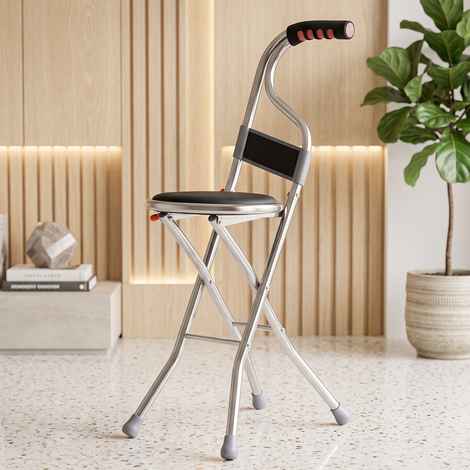 Adjustable folding walking stick with seat and back for seniors