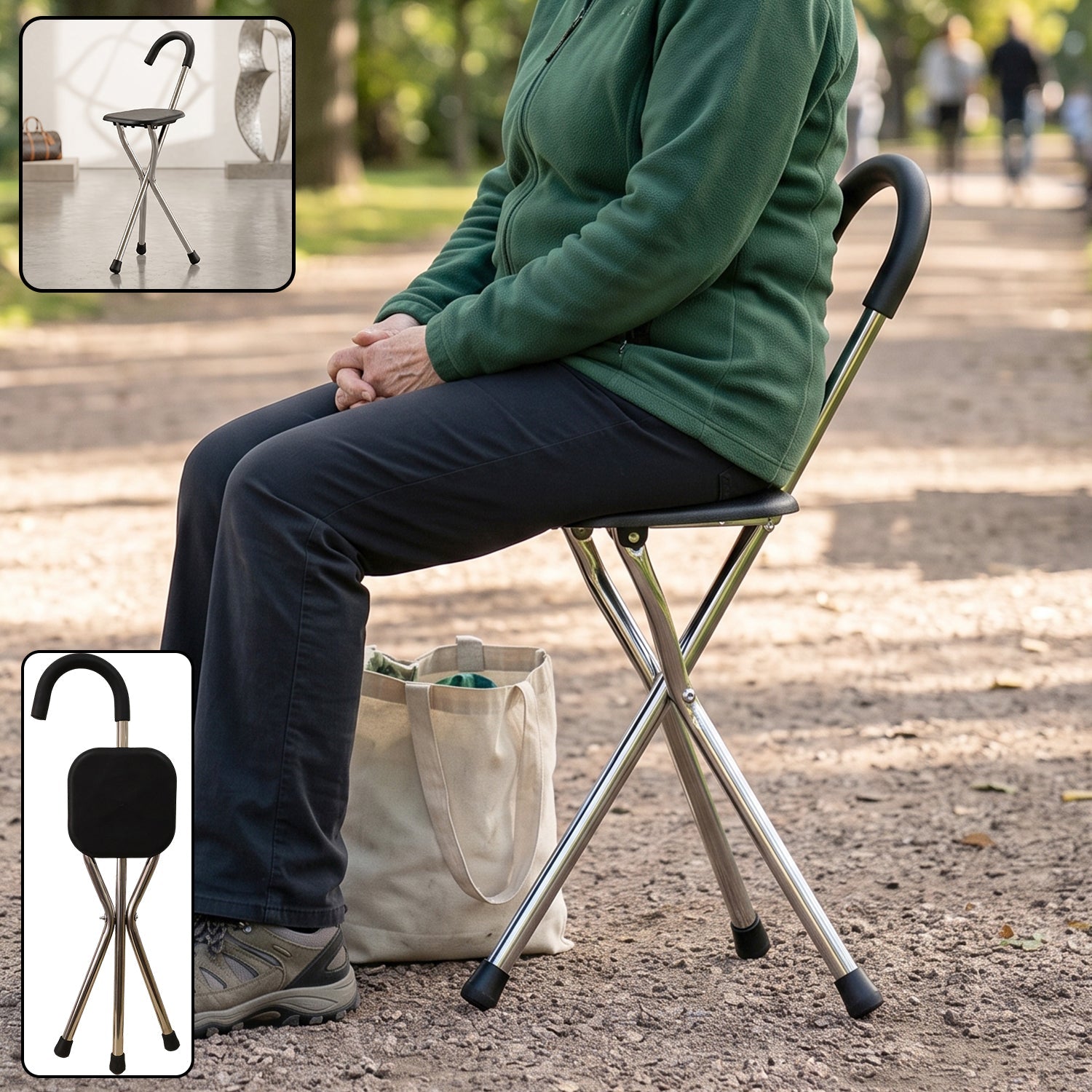 Folding walking stick with seat, 3 leg cane stool and chair support stand (1 pc)
