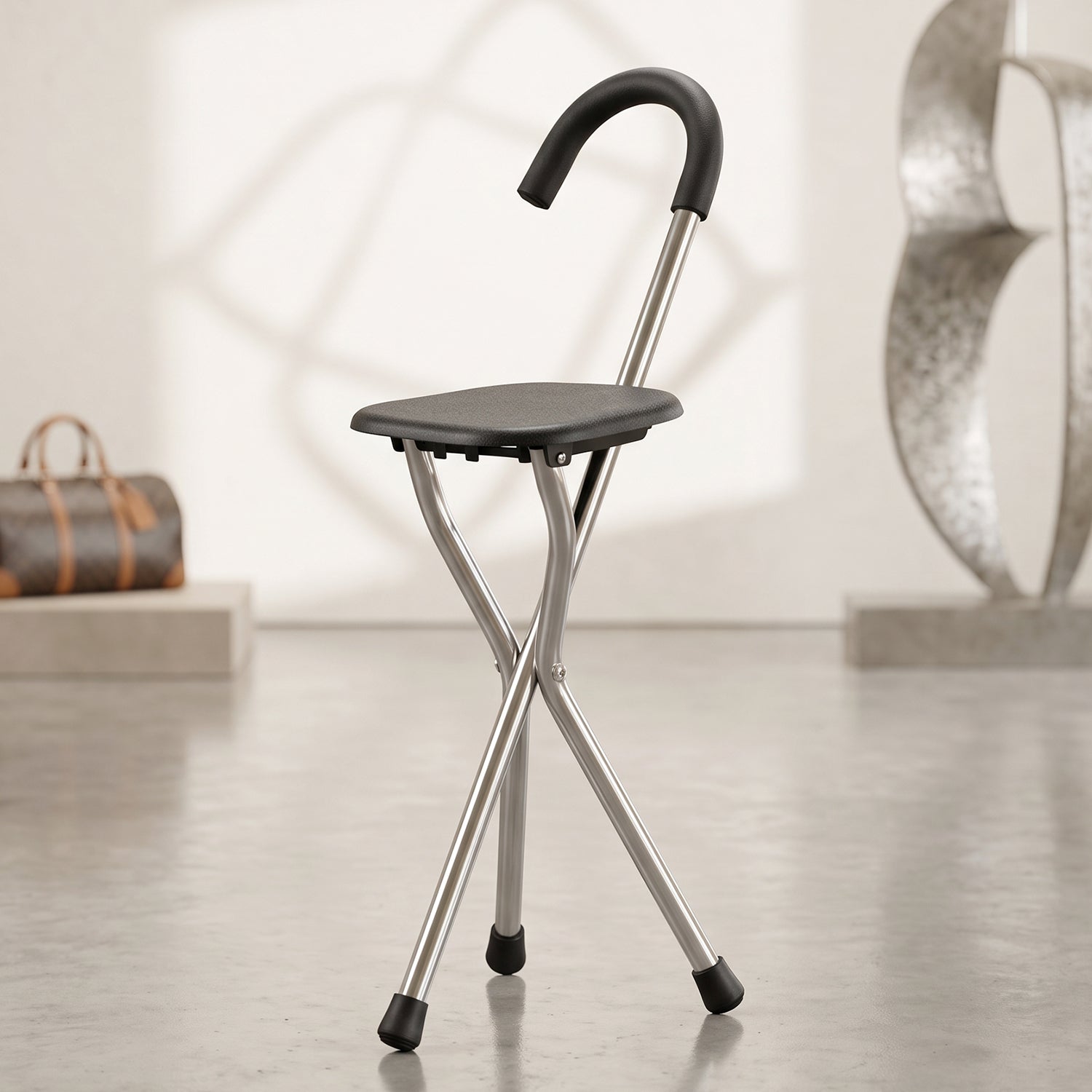 Adjustable folding walking stick with seat for stable support