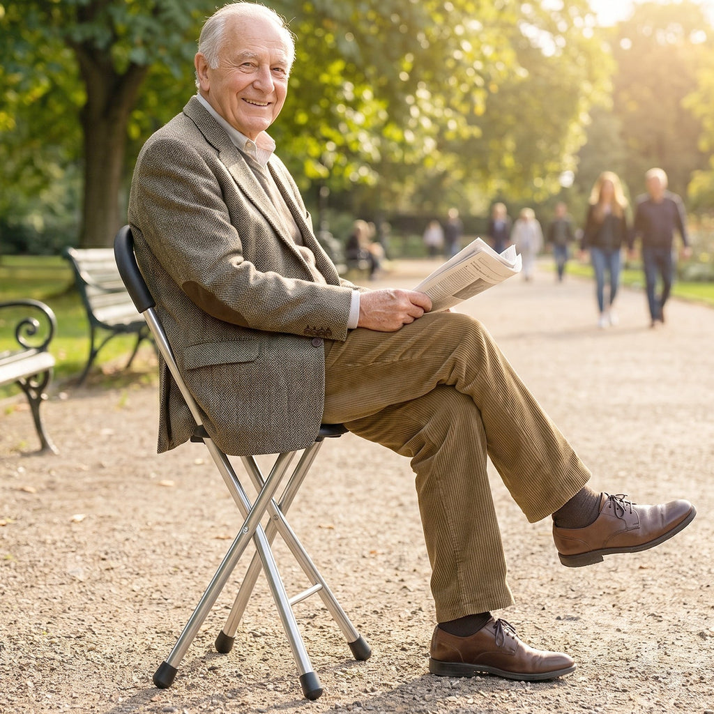 Portable walking stick stool with tripod base and comfortable seat
