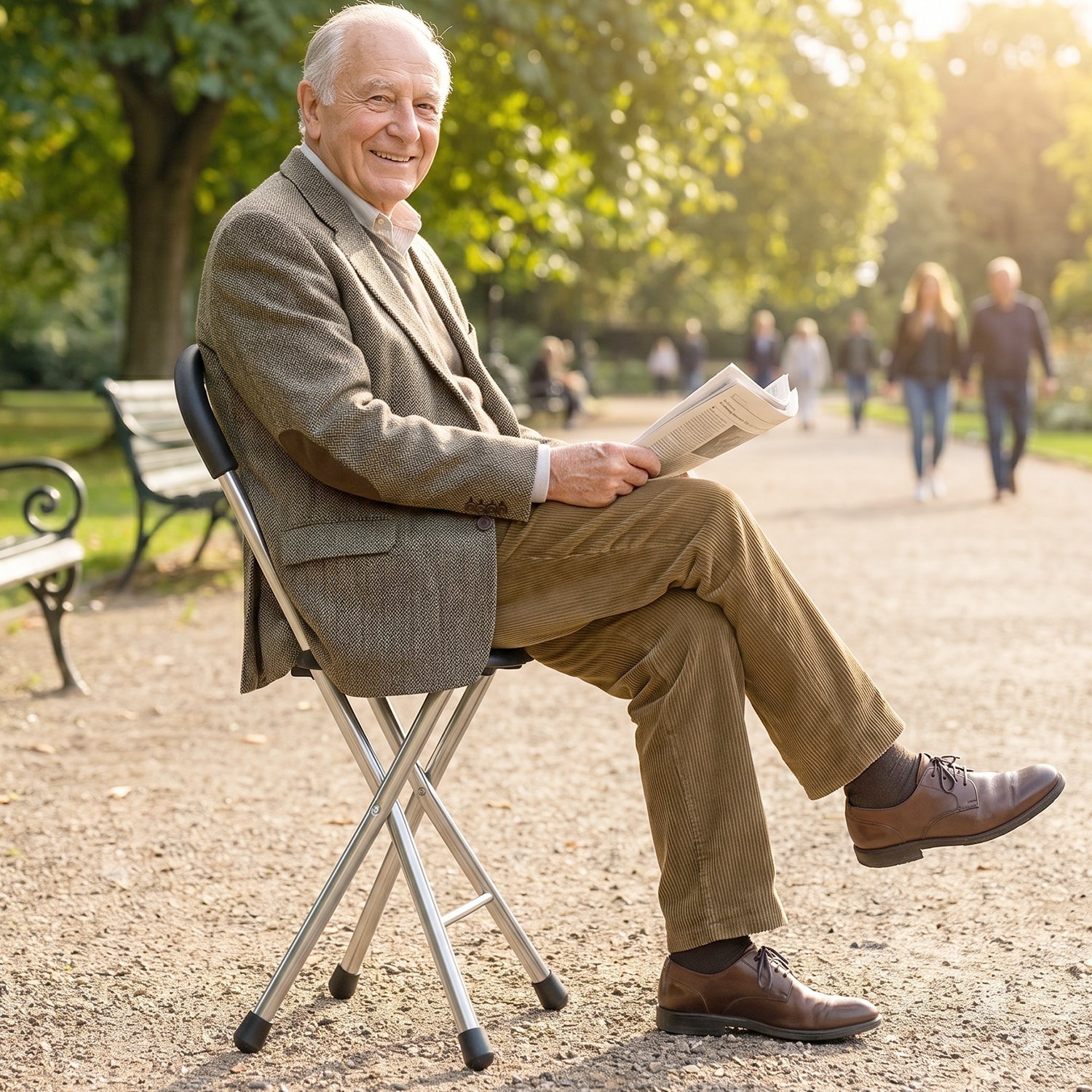 Portable walking stick stool with tripod base and comfortable seat