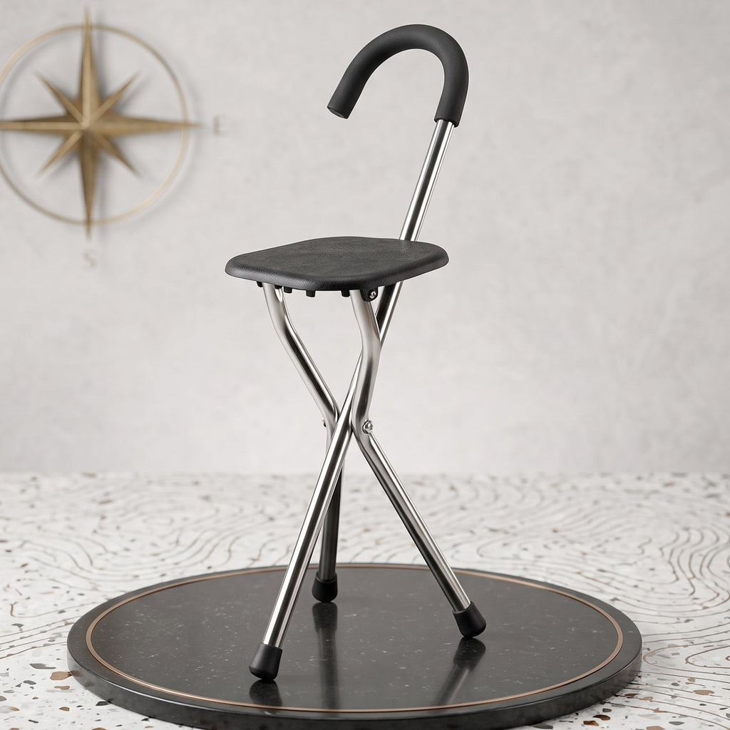 Foldable cane chair with three legs for elderly support and rest