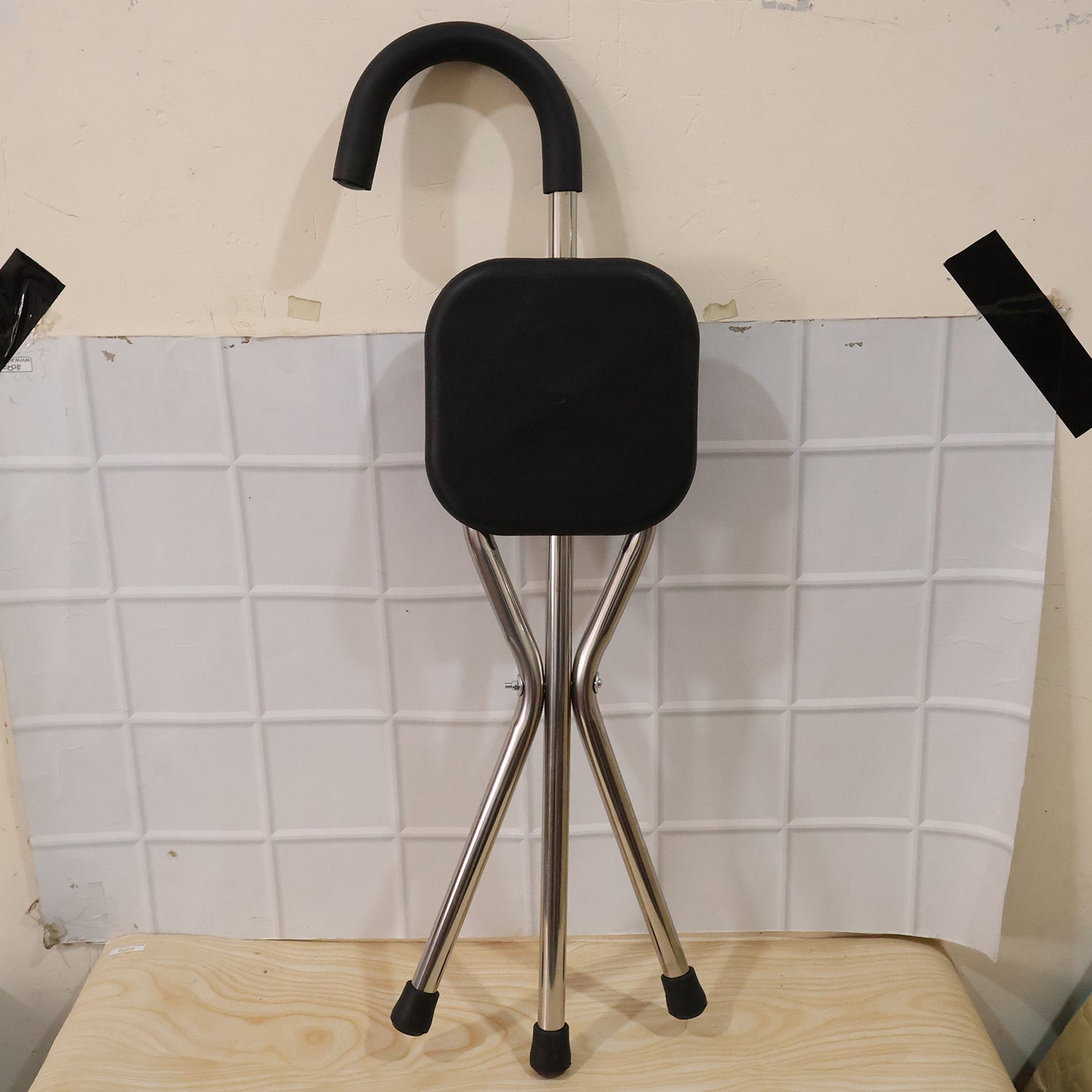Cane with seat and three leg stand for seniors and travellers