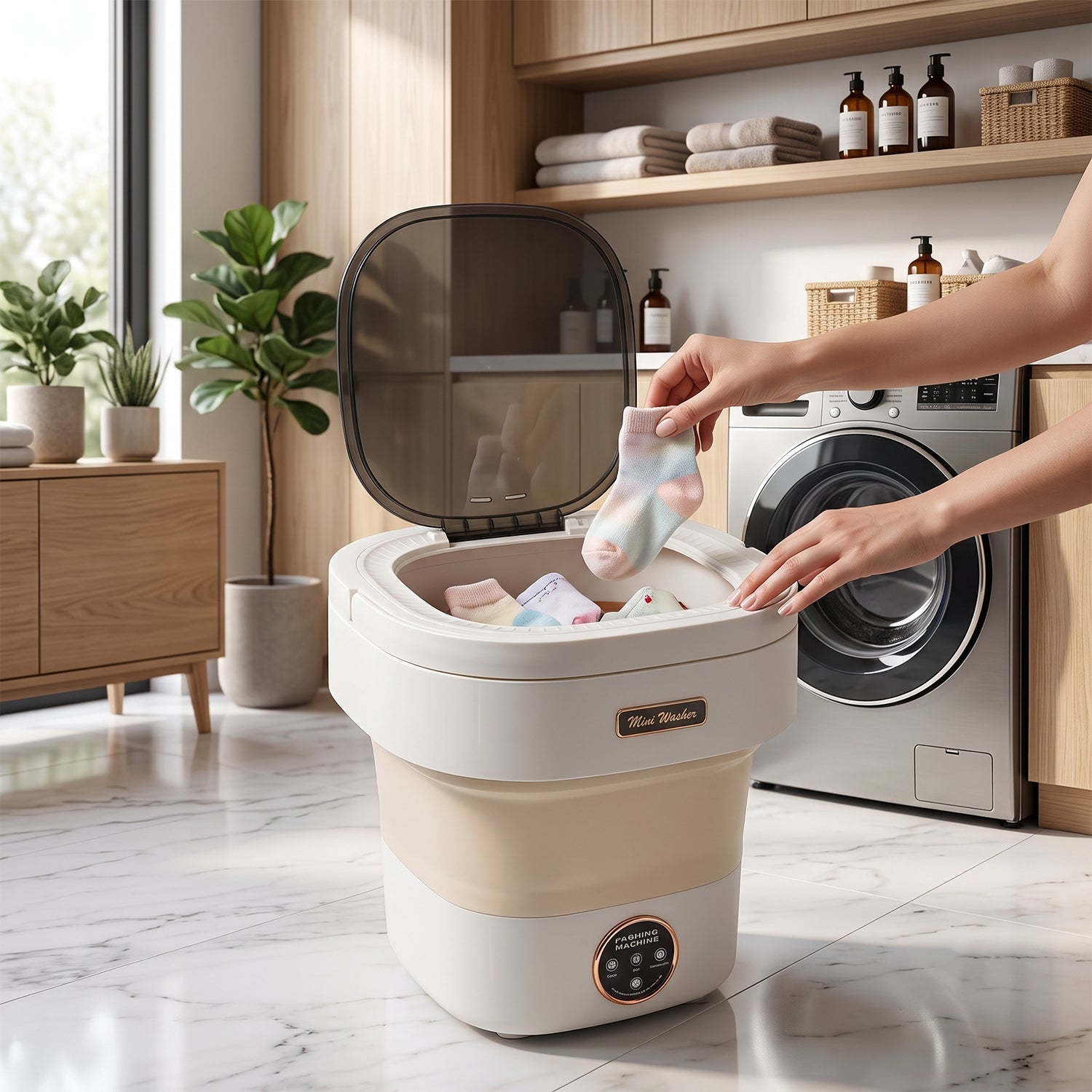 Compact travel washing machine that folds flat for storage