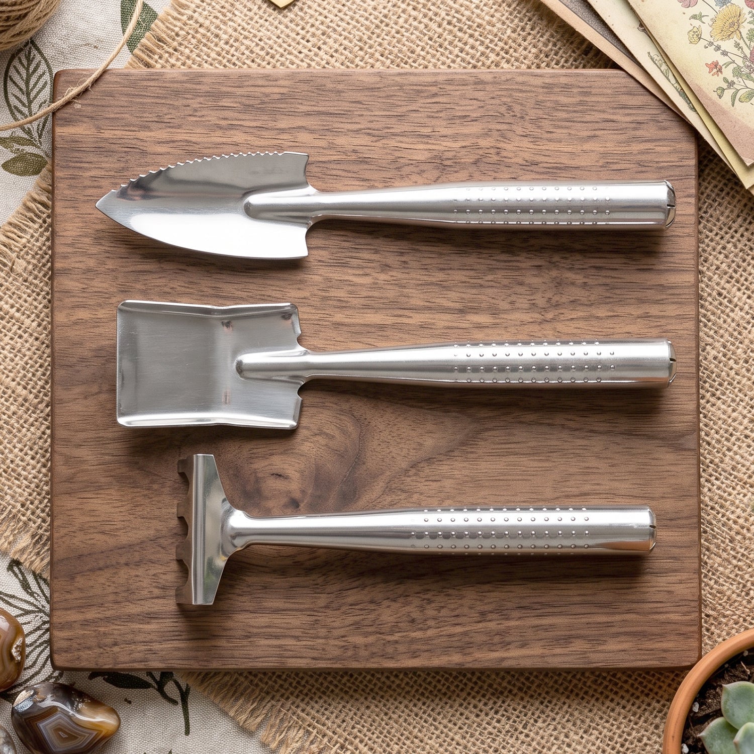 Ergonomic 3 piece garden tool set for planting and soil care