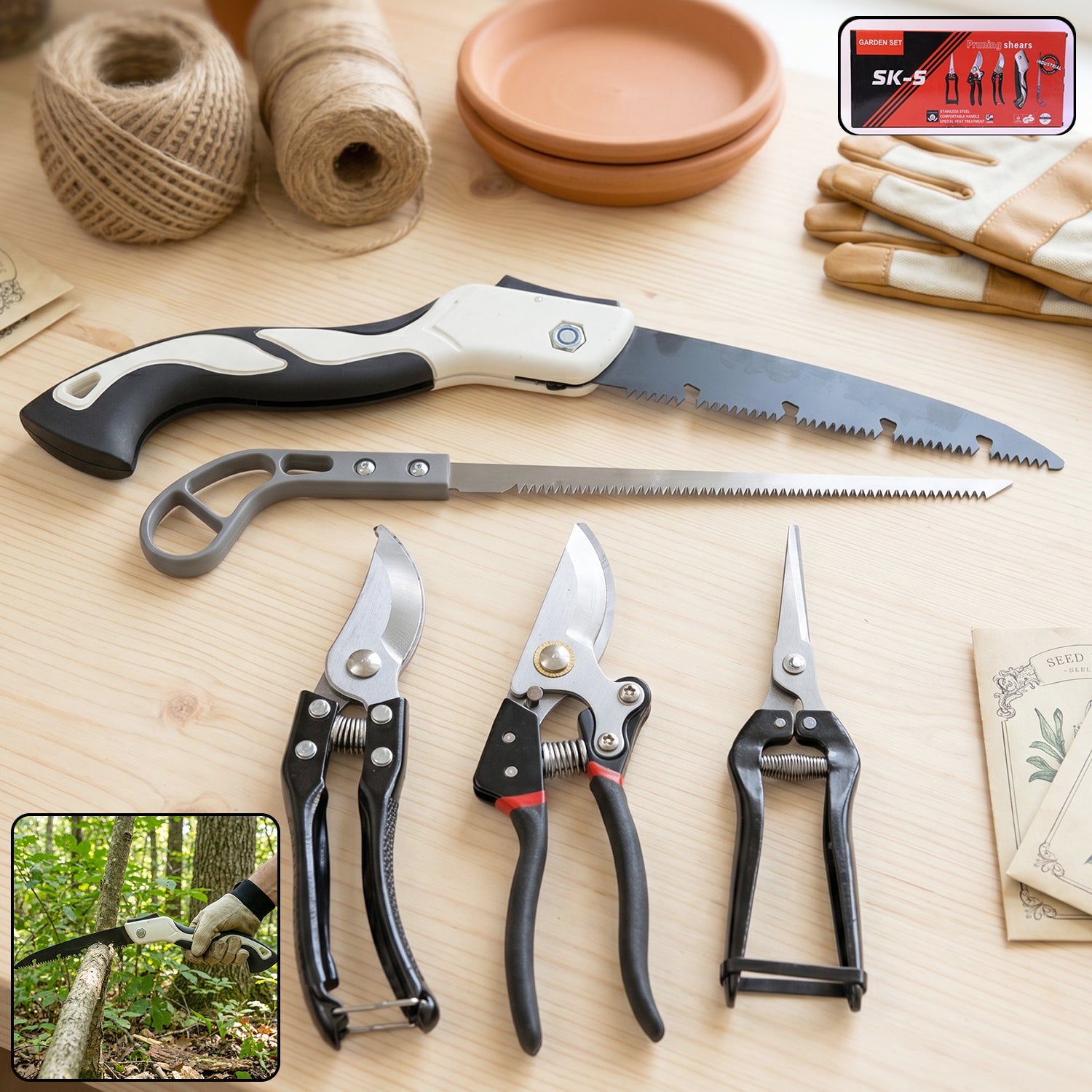 Complete 5-in-1 gardening tool kit with pruning saw, shears, and secateurs