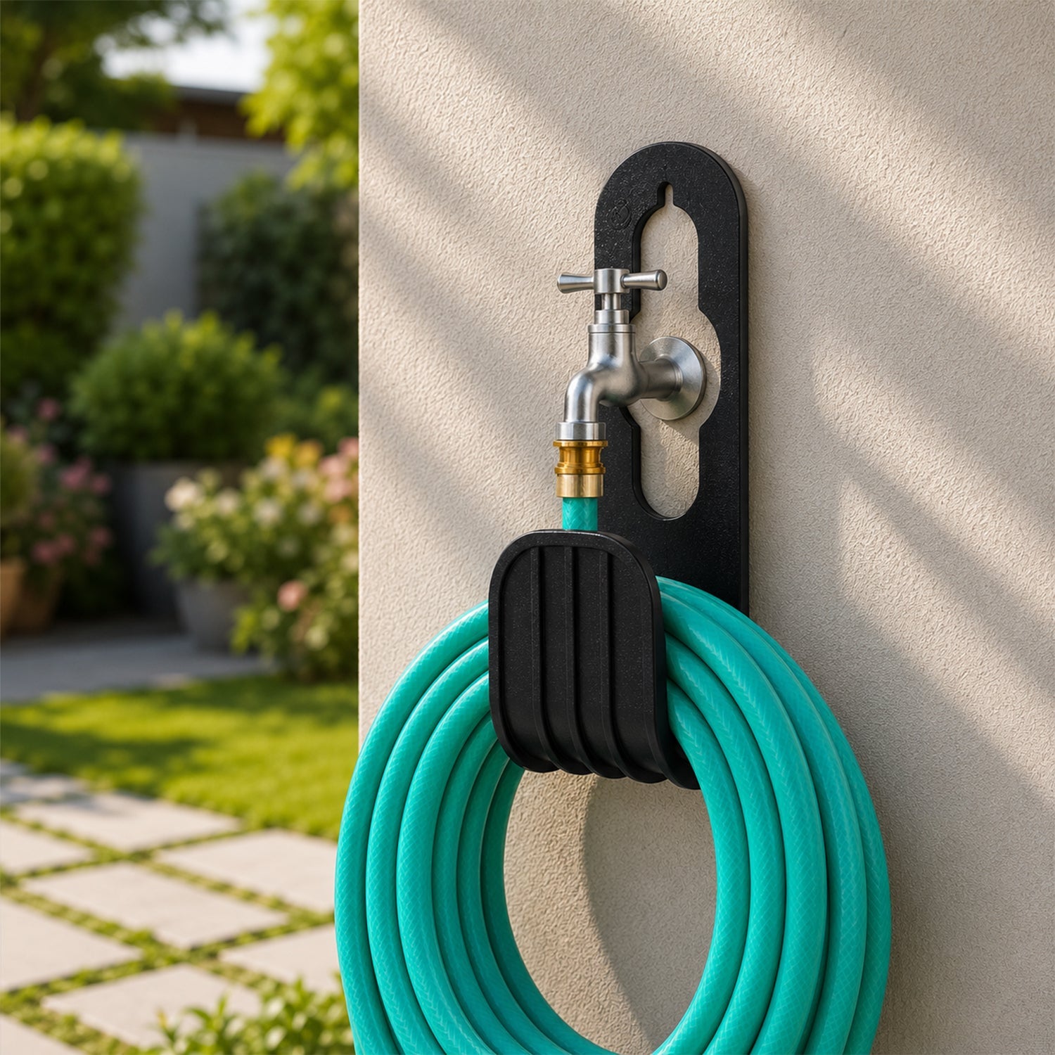 Self mounted plastic hangers for garden hoses and tubing