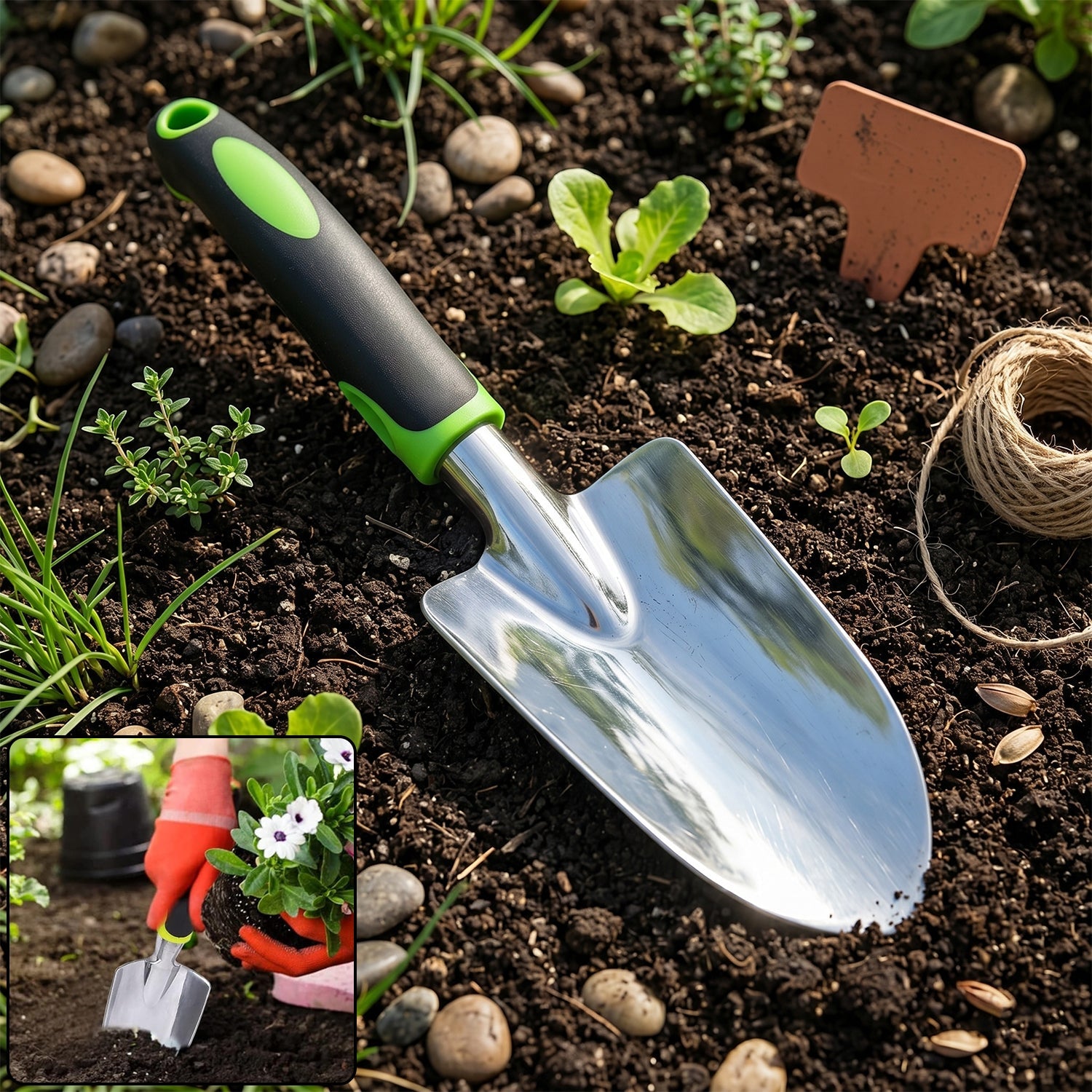 Steel blade garden hand trowel with ergonomic handle for comfortable digging