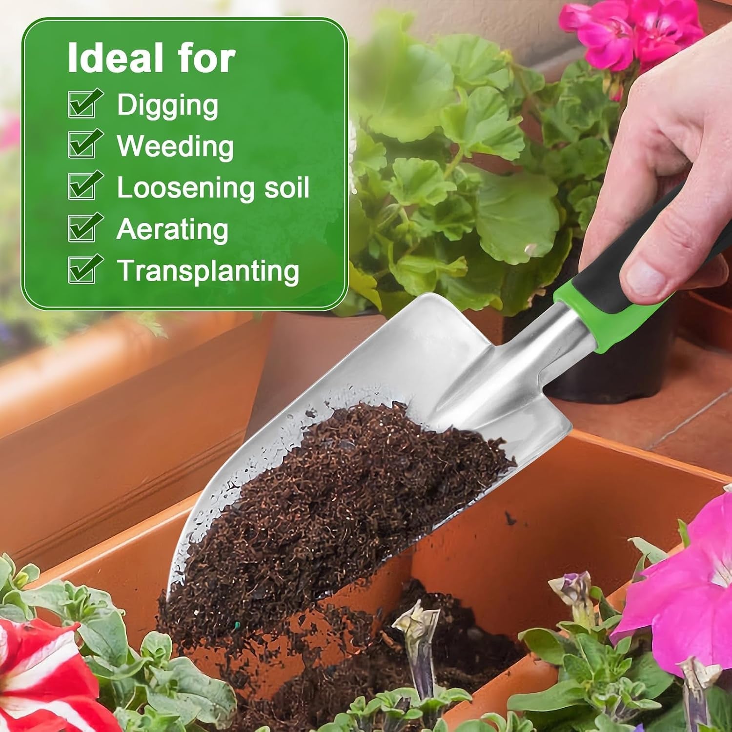 Close-up of polished steel blade on ergonomic gardening trowel