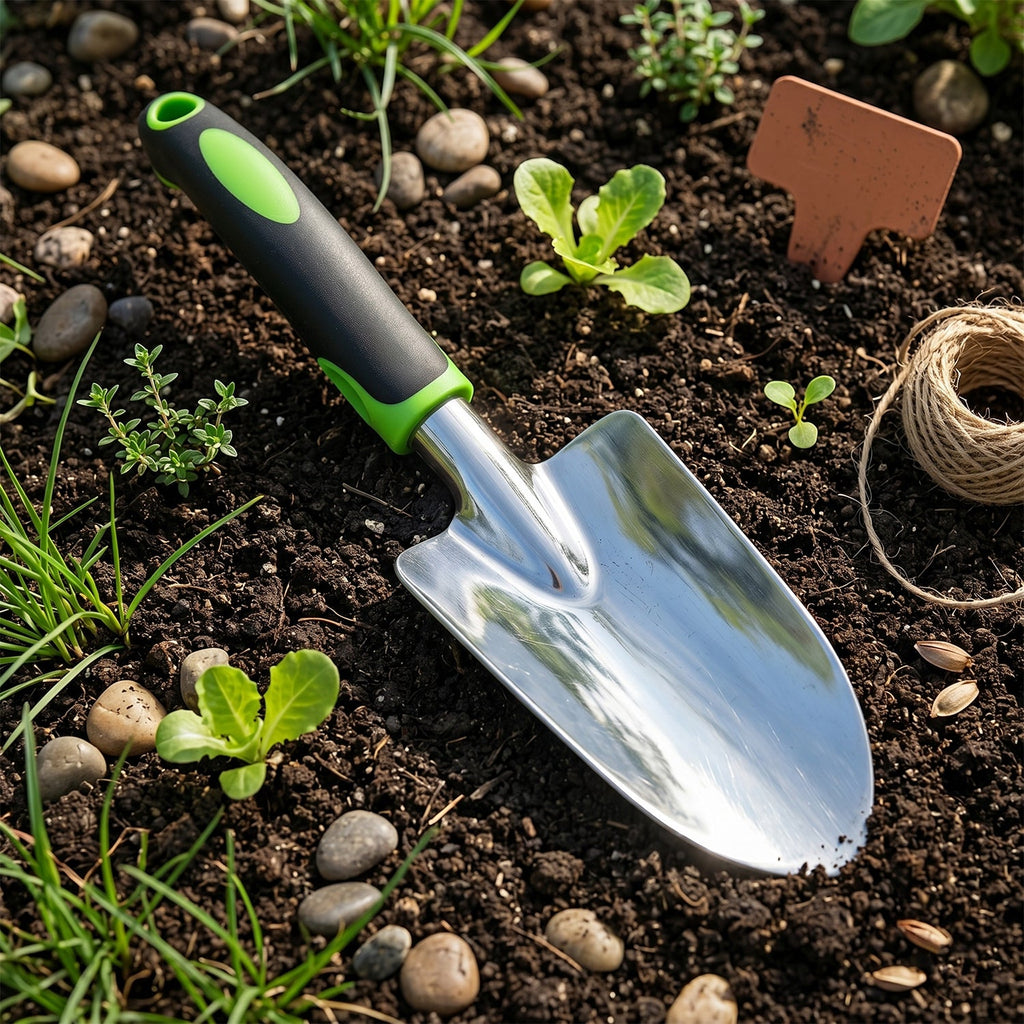 Full view of garden trowel showing durable steel blade and soft grip handle