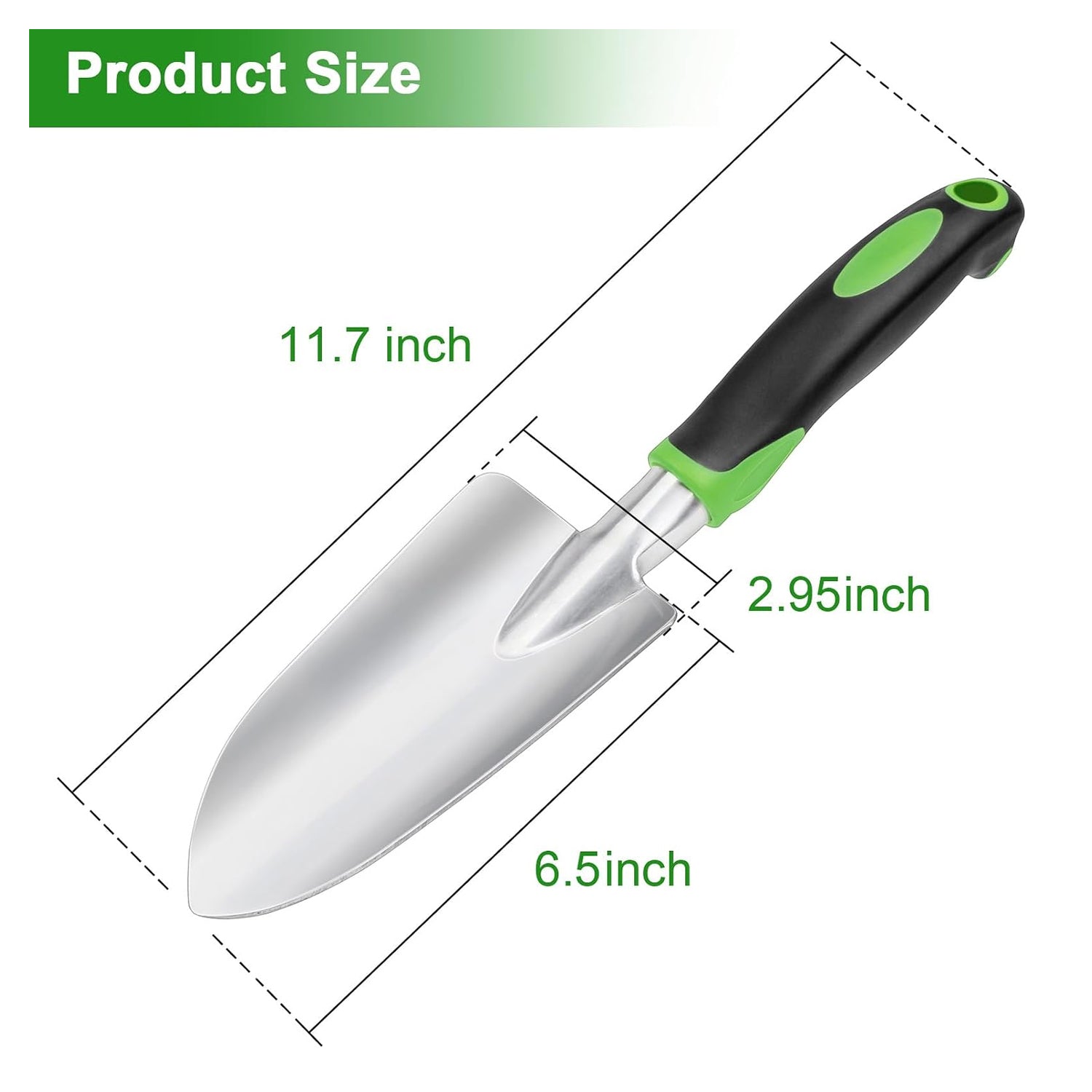 Green and black handle garden trowel with polished steel blade