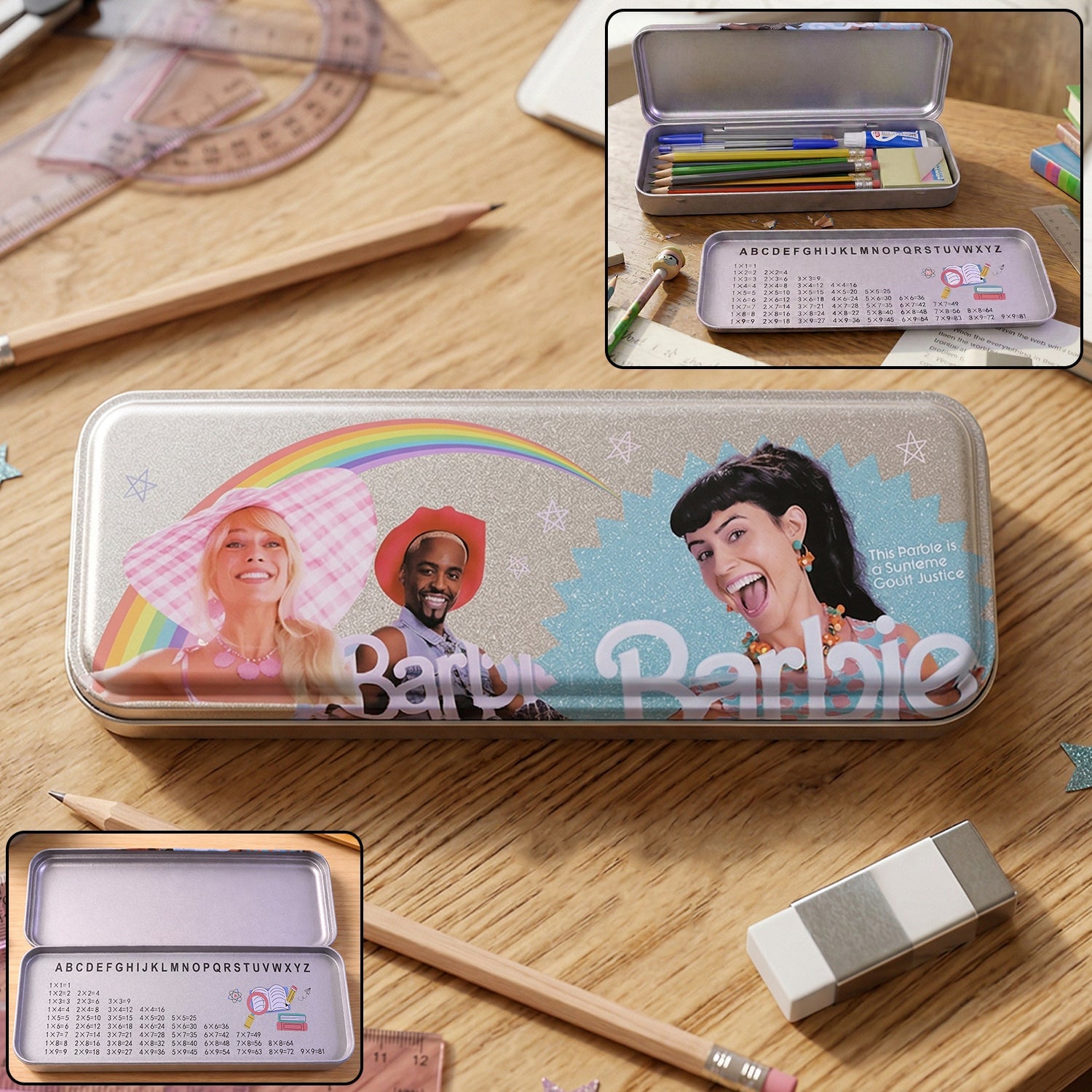 Printed metal pencil box with cartoon design and hinged lid