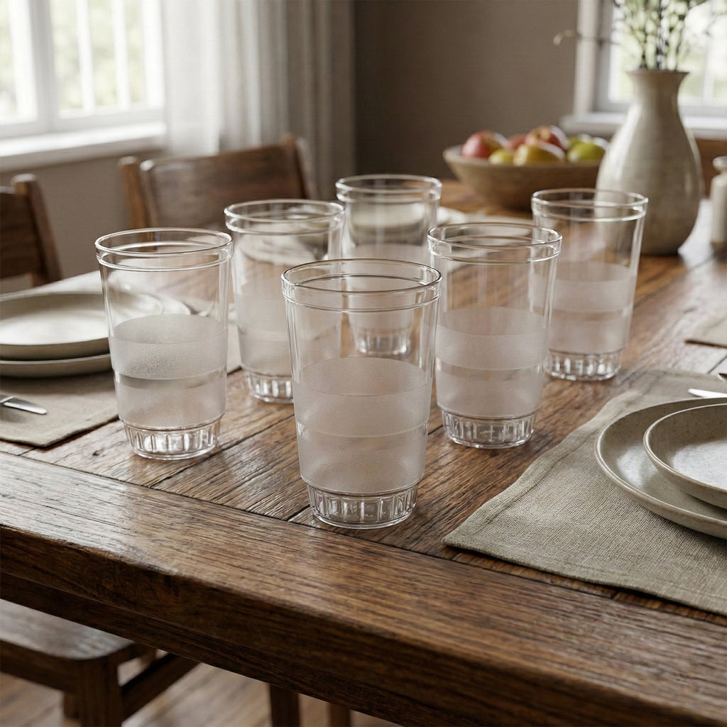 Multiple angles view of Janta drinking glass set with dimensions