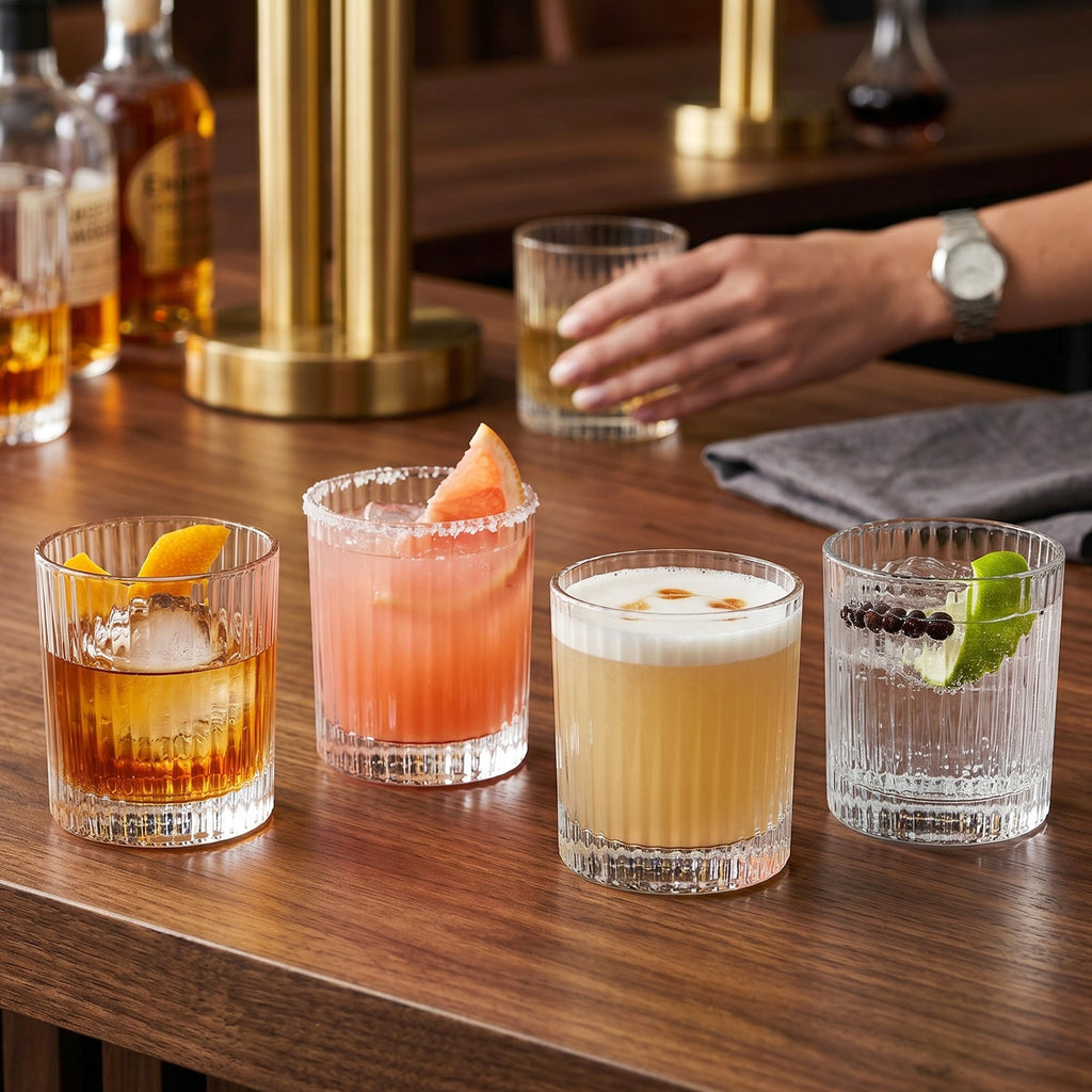Crystal glass tumbler set with ribbed design and sturdy base