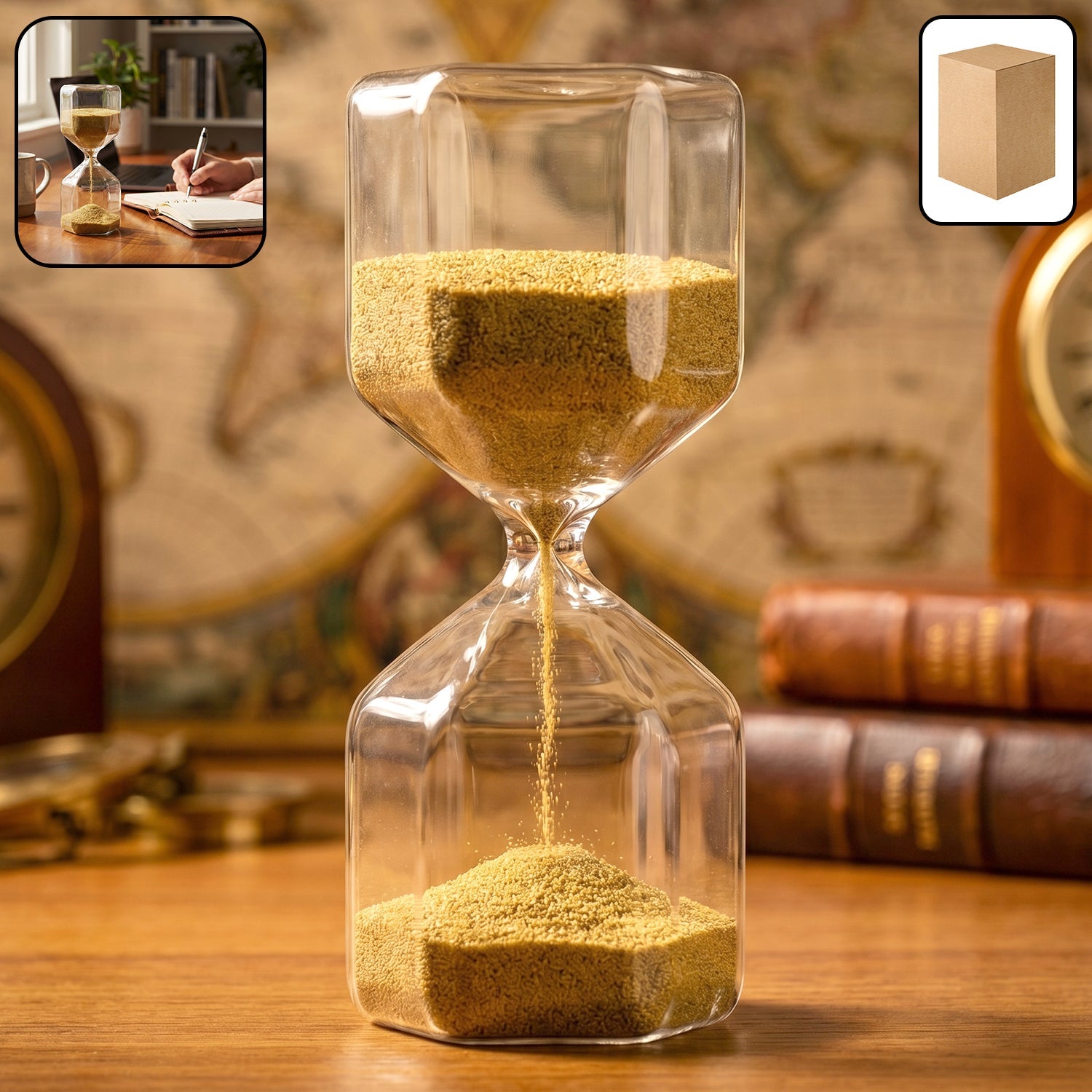 Elegant 4-minute glass sand timer hourglass with yellow sand on a desk.