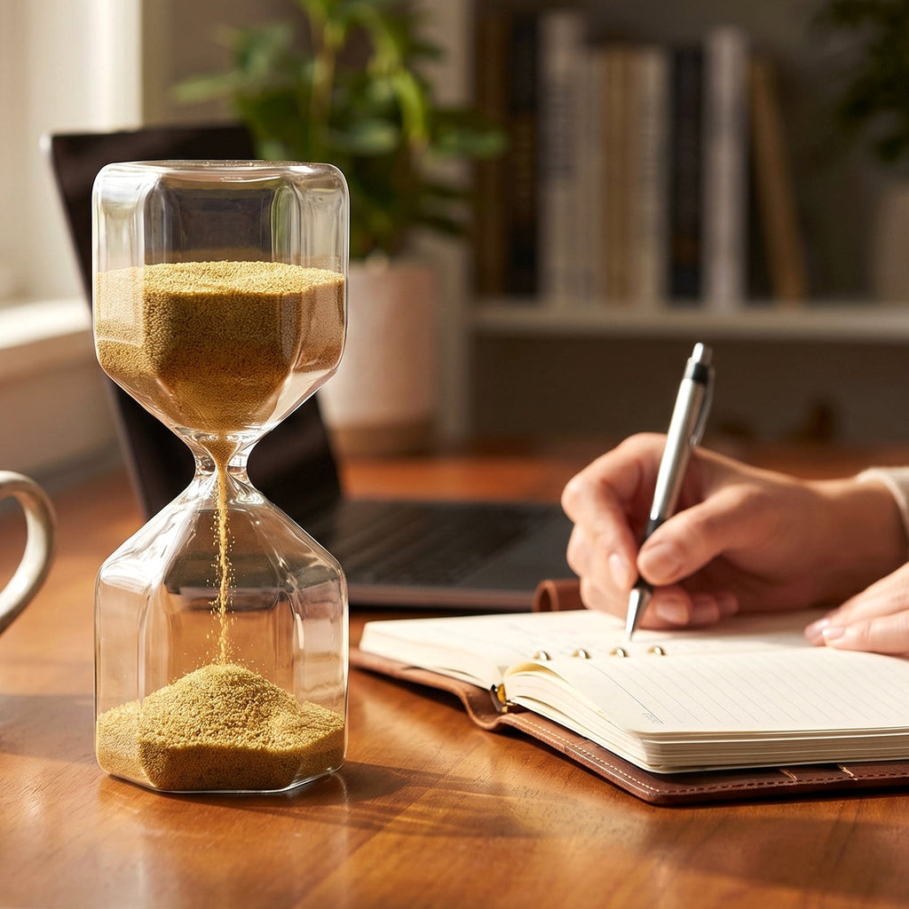 Decorative glass 4-minute sand timer hourglass with yellow sand on a white background.