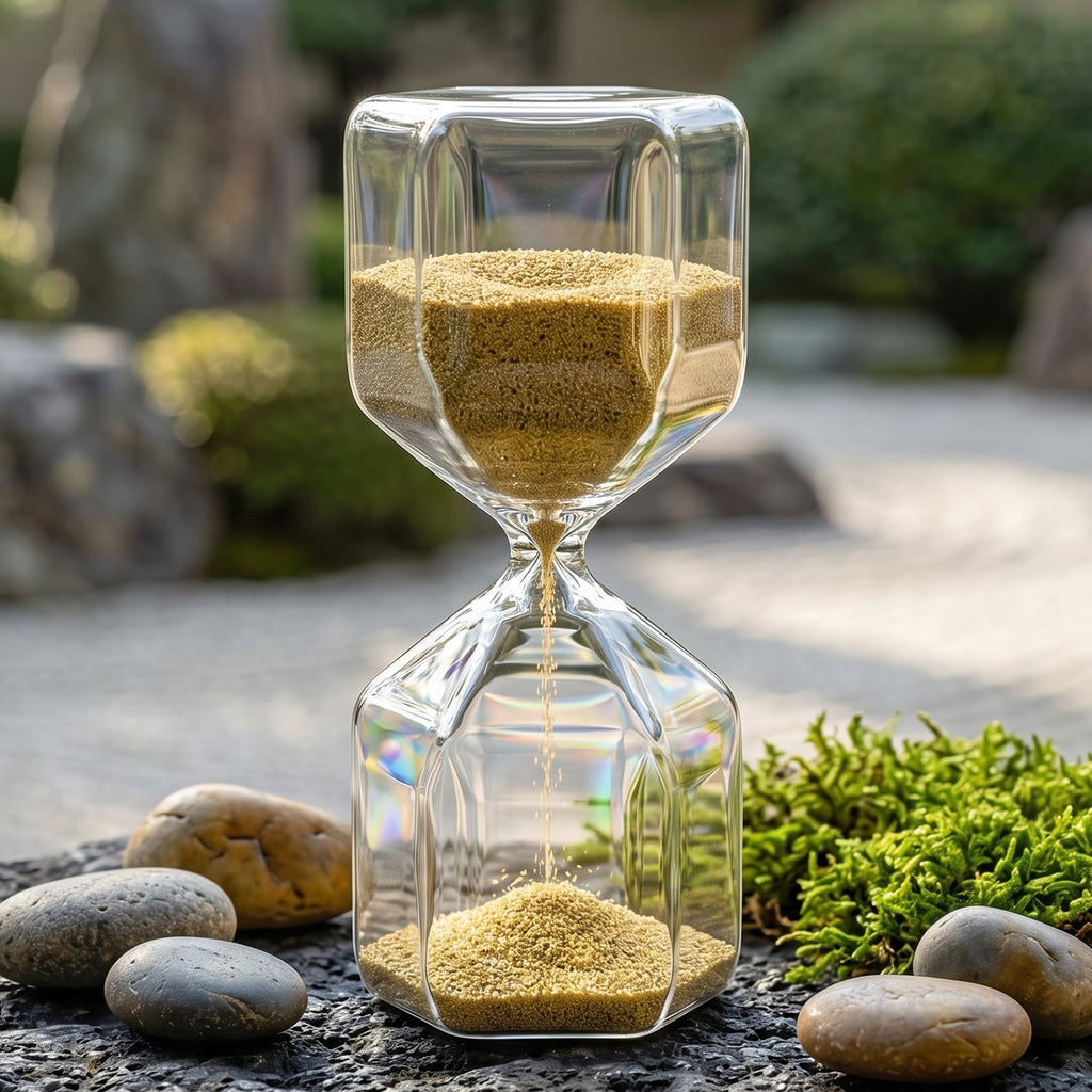 Small compact glass 4-minute sand timer hourglass for desk decor.