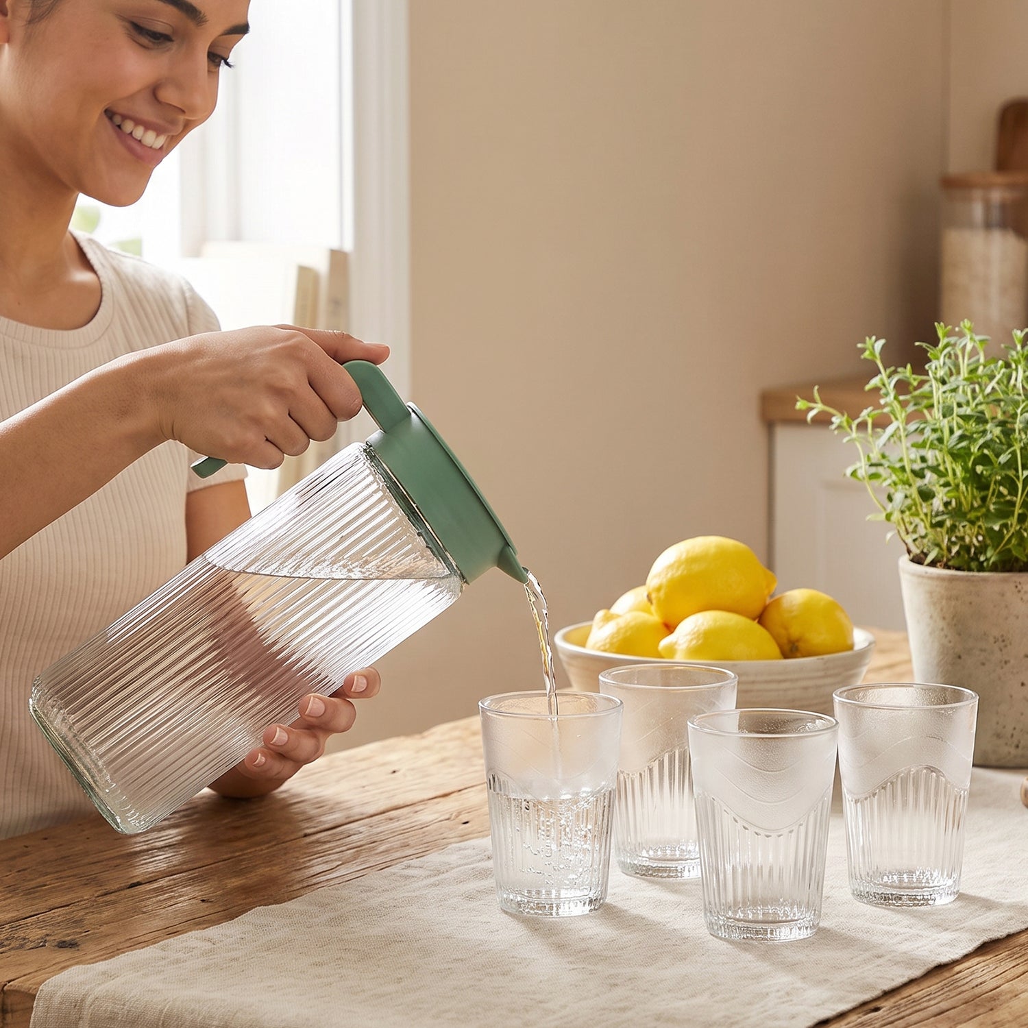 Water jug carafe glasses display
