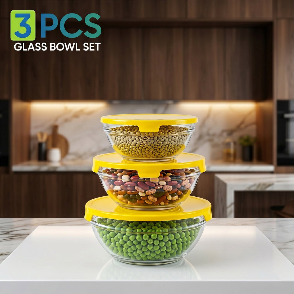 Nesting glass bowls in different sizes with lids, saving space in drawers.