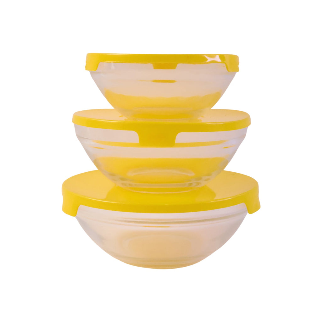 Elegant clear glass bowls with colorful plastic lids, suitable for salads and desserts.