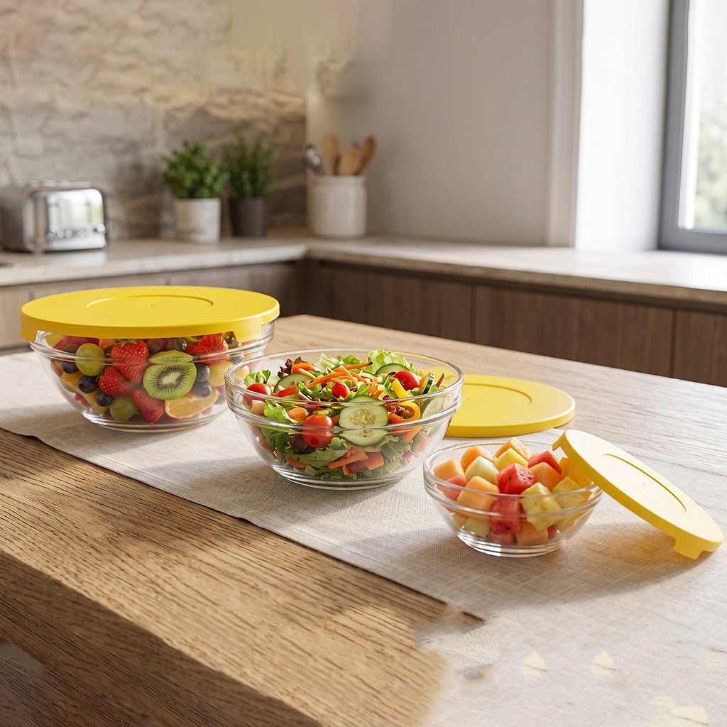 Set of 3 graduated glass bowls with lids for versatile kitchen use.