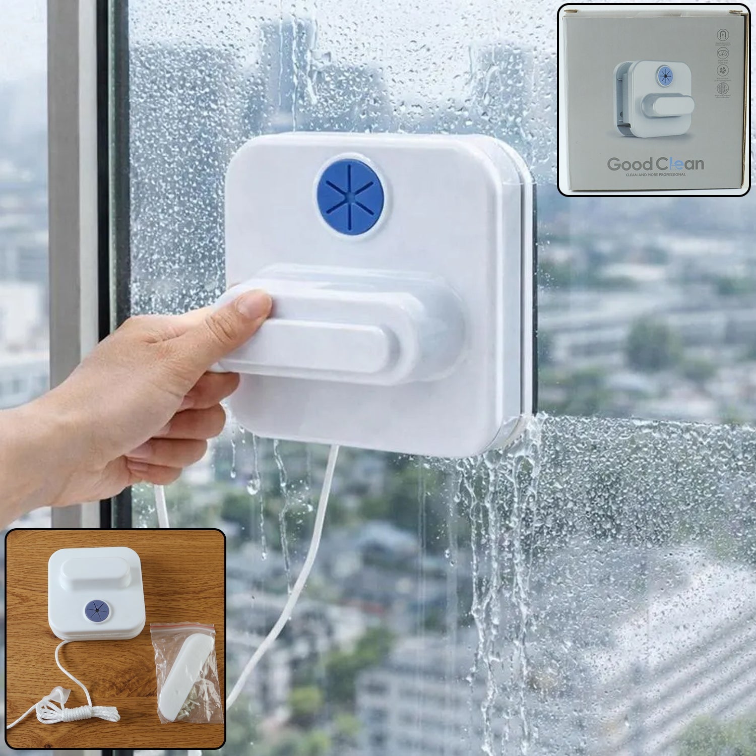 Double Sided Magnetic Window Cleaner with safety rope for secure glass cleaning.