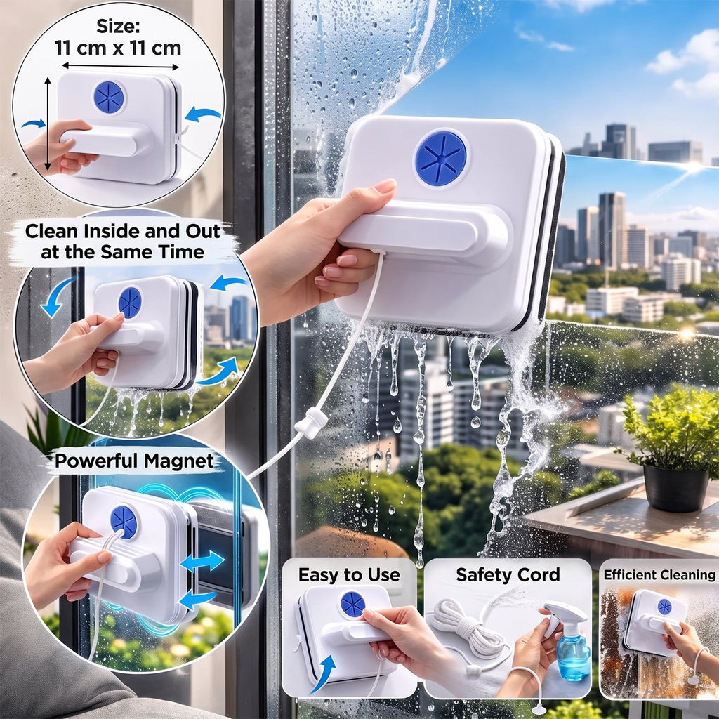 Magnetic window cleaning tool with safety rope for high windows.