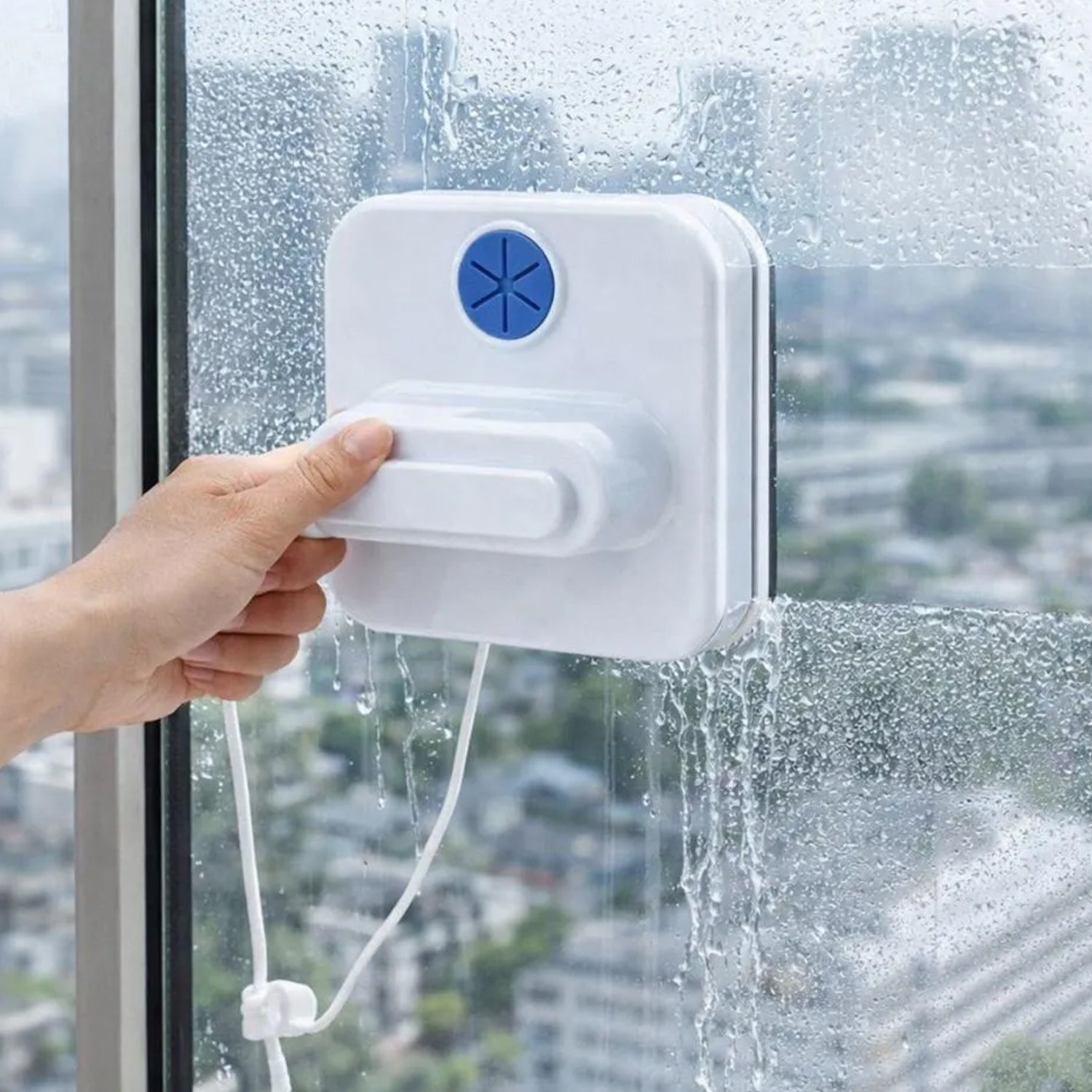 Double side magnetic squeegee in use on a home window.