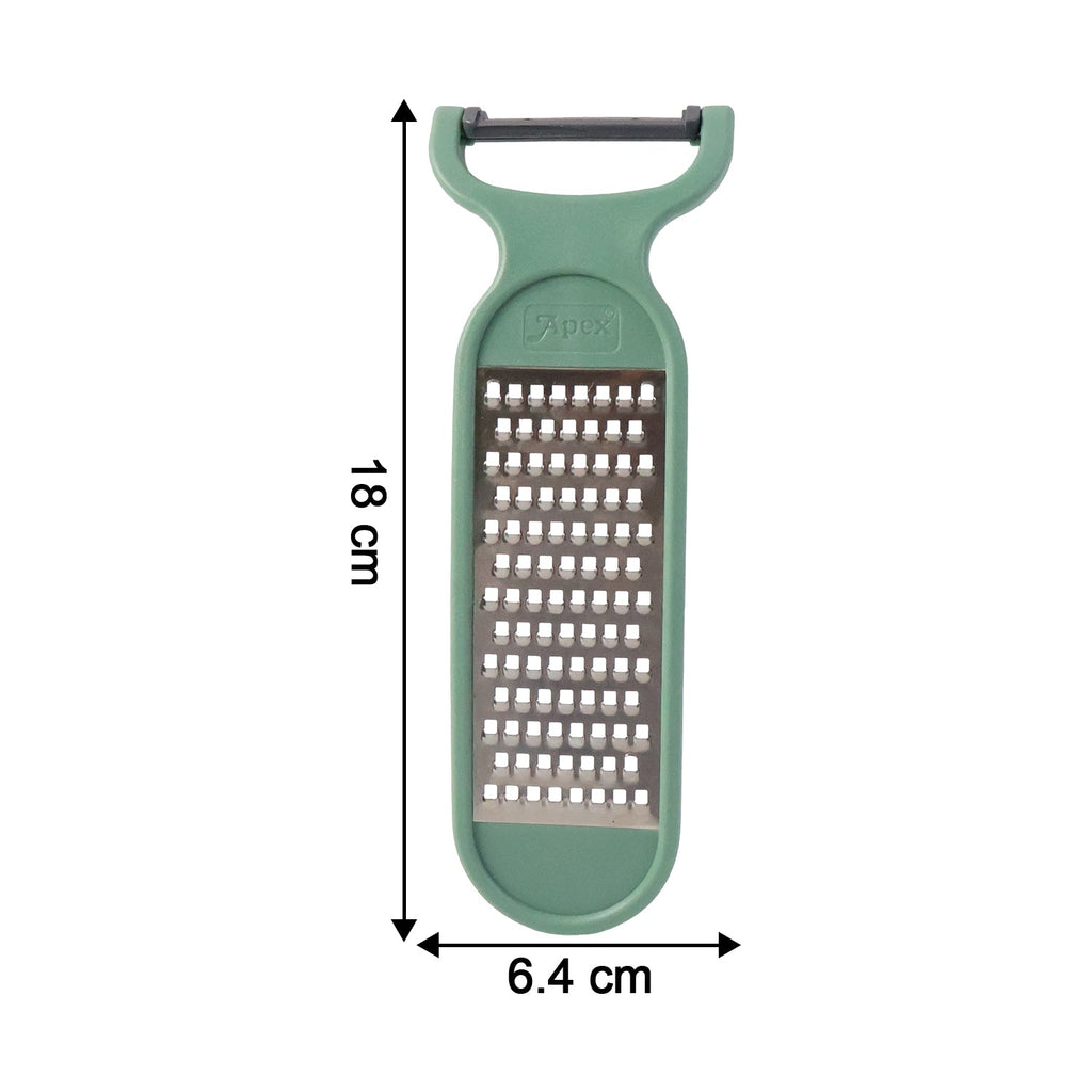 Multipurpose vegetable peeling and grating kitchen tool in use