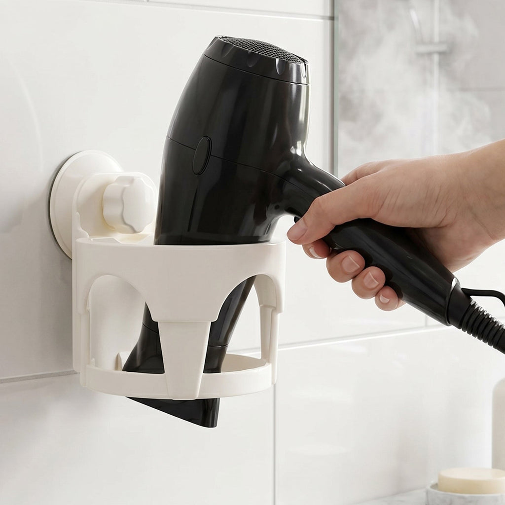 Compact suction cup hair dryer holder for bathroom